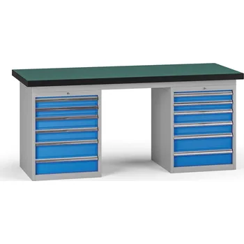 Dílenský stůl B2B Partner Pracovní stůl do dílny G8, 1800 x 750 x 800 mm, 2x kontejner, 12 zásuvek, modrá