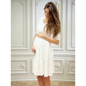 Těhotenská móda Těhotenské svatební šaty Athea mini – bílé ecru, krajkové Velikost: M