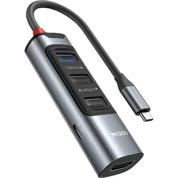 Yesido - Dokovací stanice 5v1 (HB22) - Type-C na 3x USB, USB-C, HDMI, PD100W, rychlé nabíjení, 4K@30Hz, 5Gbps - šedá barva