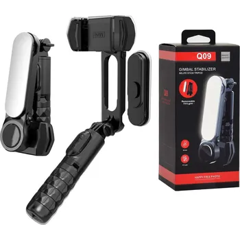 Selfie tyč Techsuit - Mini selfie tyč Gimbal (Q09) - stabilizační stativ s LED světlem a dálkovým ovládáním Bluetooth, 70 cm - černá barva