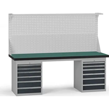 Dílenský stůl B2B Partner Pracovní stůl do dílny G8 s nástavbou, 2100 x 750 x 800 mm, 2x kontejner, 12 zásuvek, grafit
