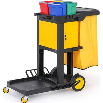 Drogerie B2B Partner Profesionální úklidový vozík se 4 kbelíky, držáky mopu, skříňkou a pytlem s víkem, 1120 × 710 × 1100 mm