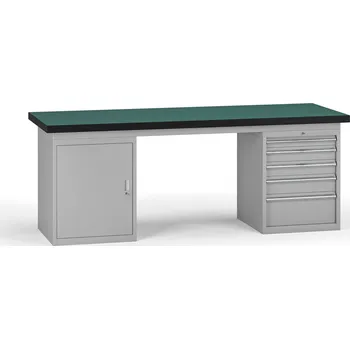 Dílenský stůl B2B Partner Pracovní stůl do dílny G8, 2100 x 750 x 800 mm, 1x skříňka, 1x kontejner, 5 zásuvek, šedá