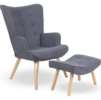 Křeslo Křeslo ušák CORDU + taburet — masiv, látka, přírodní / šedá