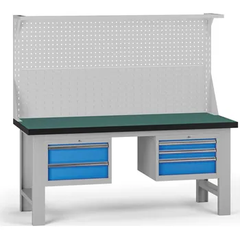Dílenský stůl B2B Partner Pracovní stůl do dílny G8 s nástavbou, 1800 x 750 x 800 mm, 2x kontejner, 5 zásuvek, modrá