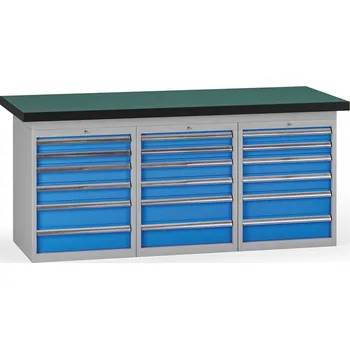 Dílenský stůl B2B Partner Pracovní stůl do dílny, 1800 x 750 x 800 mm, 3x kontejner, 18 zásuvek, modrá