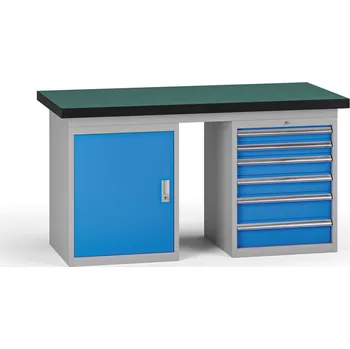 Dílenský stůl B2B Partner Pracovní stůl do dílny G8, 1500 x 750 x 800 mm, 1x skříňka, 1x kontejner, 6 zásuvek, modrá