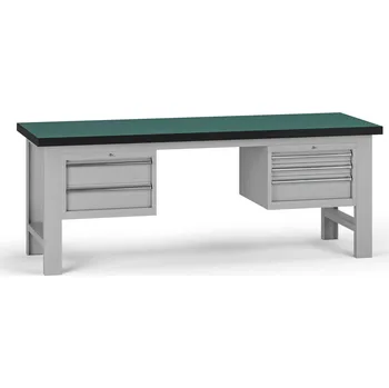 Dílenský stůl B2B Partner Pracovní stůl do dílny G8, 2100 x 750 x 800 mm, 2x kontejner, 5 zásuvek, šedá