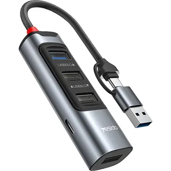 USB hub Yesido - Dokovací stanice 5v1 (HB20) - USB, Type-C na 4x USB, USB-C, PD100W, rychlé nabíjení, Plug & amp; Play, 5Gbps - šedá barva