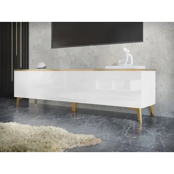 Televizní stolek Tv skříňka/stolek Ountra 2D, Barva dřeva: bílá / bílý lesk + zlatá MIRJAN 5903211367991