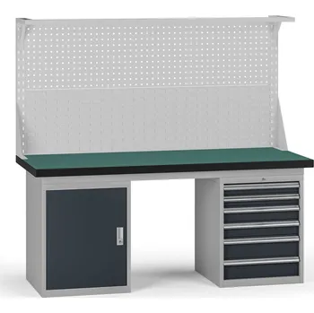 Dílenský stůl B2B Partner Pracovní stůl do dílny G8 s nástavbou, 1800 x 750 x 800 mm, 1x skříňka, 1x kontejner, 6 zásuvek, grafit