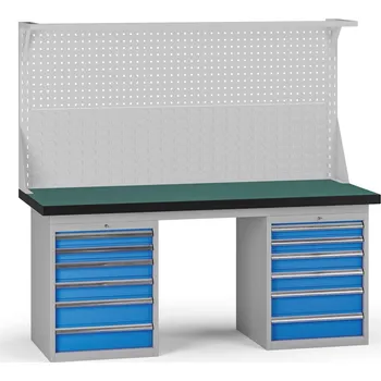 Dílenský stůl B2B Partner Pracovní stůl do dílny G8 s nástavbou, 1800 x 750 x 800 mm, 2x kontejner, 12 zásuvek, modrá