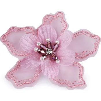 Květ s kamínkem a korálky k našití a nalepení Ø8 cm, střední, 4 starorůžová sv.