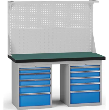 Dílenský stůl B2B Partner Pracovní stůl do dílny G8 s nástavbou, 1500 x 750 x 800 mm, 2x kontejner, 10 zásuvek, modrá