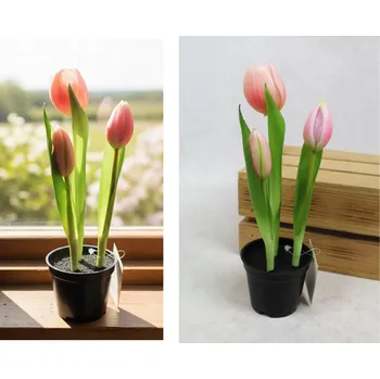 umělá květina Květina TULIPÁN gumový v květináči 24 cm (3 květy) RŮŽOVÁ