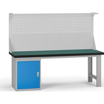 Dílenský stůl B2B Partner Pracovní stůl do dílny G8 s nástavbou, 2100 x 750 x 800 mm, 1x skříňka, modrá