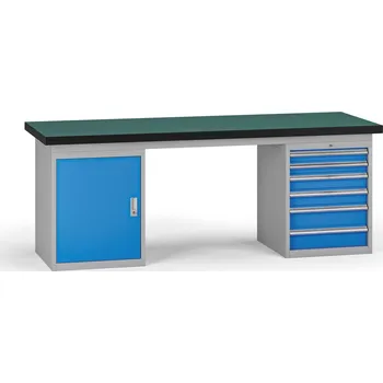 Dílenský stůl B2B Partner Pracovní stůl do dílny G8, 2100 x 750 x 800 mm, 1x skříňka, 1x kontejner, 6 zásuvek, modrá