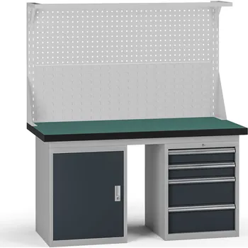 Dílenský stůl B2B Partner Pracovní stůl do dílny G8 s nástavbou, 1500 x 750 x 800 mm, 1x skříňka, 1x kontejner, 4 zásuvky, grafit