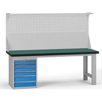 Dílenský stůl B2B Partner Pracovní stůl do dílny G8 s nástavbou, 2100 x 750 x 800 mm, 1x kontejner, 6 zásuvek, modrá