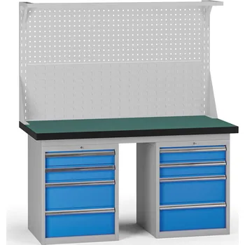 Dílenský stůl B2B Partner Pracovní stůl do dílny G8 s nástavbou, 1500 x 750 x 800 mm, 2x kontejner, 8 zásuvek, modrá