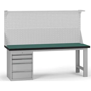 Dílenský stůl B2B Partner Pracovní stůl do dílny G8 s nástavbou, 2100 x 750 x 800 mm, 1x kontejner, 4 zásuvky, šedá