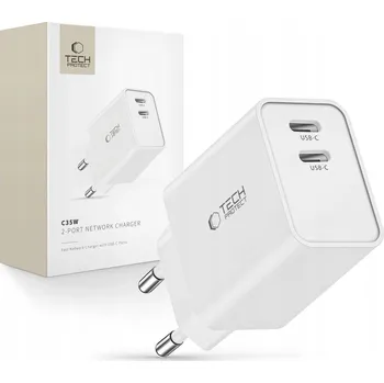 Síťová nabíječka Tech-Protect C35W 2x USB-C PD 35W s USB-C kabelem, bílá