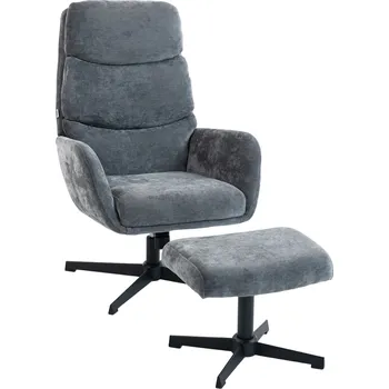 Křeslo Čalouněné křeslo HOMCOM s podnožkou, křeslo s vysokým opěradlem, kovová základna, do obývacího pokoje, ložnice, šedá