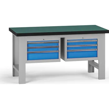 Dílenský stůl B2B Partner Pracovní stůl do dílny G8, 1500 x 750 x 800 mm, 2x kontejner, 6 zásuvek, modrá
