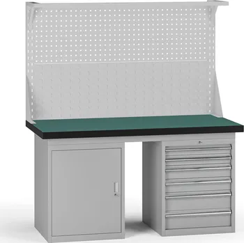 Dílenský stůl B2B Partner Pracovní stůl do dílny G8 s nástavbou, 1500 x 750 x 800 mm, 1x skříňka, 1x kontejner, 6 zásuvek, šedá