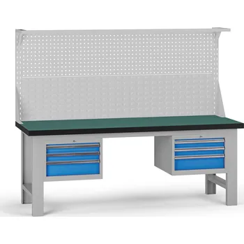 Dílenský stůl B2B Partner Pracovní stůl do dílny G8 s nástavbou, 2100 x 750 x 800 mm, 2x kontejner, 6 zásuvek, modrá