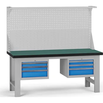 Dílenský stůl B2B Partner Pracovní stůl do dílny G8 s nástavbou, 1800 x 750 x 800 mm, 2x kontejner, 6 zásuvek, modrá