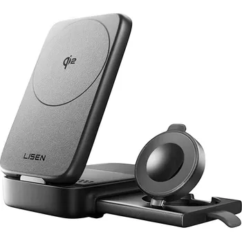 Lisen - Bezdrátová nabíječka W106 (YL0424120009) - s nabíječkou do sítě, MagSafe, rychlé nabíjení, 3v1, Qi2, skládací, 15W - šedá