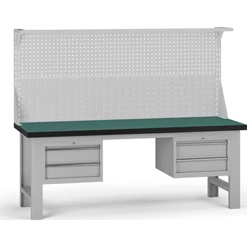 Dílenský stůl B2B Partner Pracovní stůl do dílny G8 s nástavbou, 2100 x 750 x 800 mm, 2x kontejner, 4 zásuvky, šedá