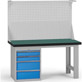 Dílenský stůl B2B Partner Pracovní stůl do dílny G8 s nástavbou, 1500 x 750 x 800 mm, 1x kontejner, 4 zásuvky, modrá