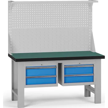 Dílenský stůl B2B Partner Pracovní stůl do dílny G8 s nástavbou, 1500 x 750 x 800 mm, 2x kontejner, 4 zásuvky, modrá