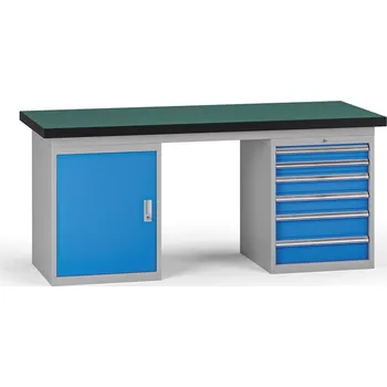 Dílenský stůl B2B Partner Pracovní stůl do dílny G8, 1800 x 750 x 800 mm, 1x skříňka, 1x kontejner, 6 zásuvek, modrá