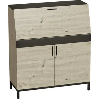 Moderní průmyslový počítačový stůl s policemi a skříňkou | přírodní + černý