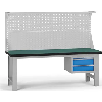 Dílenský stůl B2B Partner Pracovní stůl do dílny G8 s nástavbou, 2100 x 750 x 800 mm, 1x kontejner, 2 zásuvky, modrá