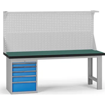 Dílenský stůl B2B Partner Pracovní stůl do dílny G8 s nástavbou, 2100 x 750 x 800 mm, 1x kontejner, 5 zásuvek, modrá