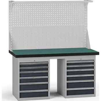 Dílenský stůl B2B Partner Pracovní stůl do dílny G8 s nástavbou, 1500 x 750 x 800 mm, 2x kontejner, 12 zásuvek, grafit