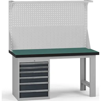 Dílenský stůl B2B Partner Pracovní stůl do dílny G8 s nástavbou, 1500 x 750 x 800 mm, 1x kontejner, 6 zásuvek, grafit