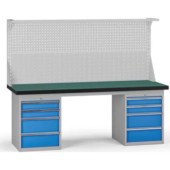 Dílenský stůl B2B Partner Pracovní stůl do dílny G8 s nástavbou, 2100 x 750 x 800 mm, 2x kontejner, 8 zásuvek, modrá