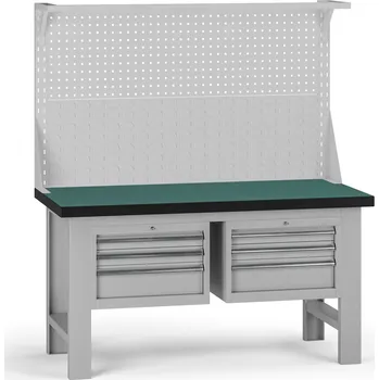 Dílenský stůl B2B Partner Pracovní stůl do dílny G8 s nástavbou, 1500 x 750 x 800 mm, 2x kontejner, 6 zásuvek, šedá