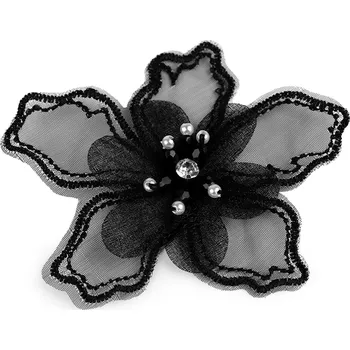 Květ s kamínkem a korálky k našití a nalepení Ø8 cm, střední, 7 černá