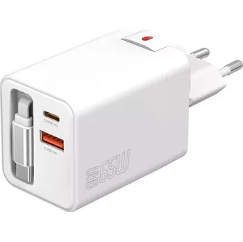Síťová nabíječka GaN 65 W s výsuvným kabelem, 2× USB‑C + USB‑A, bílá