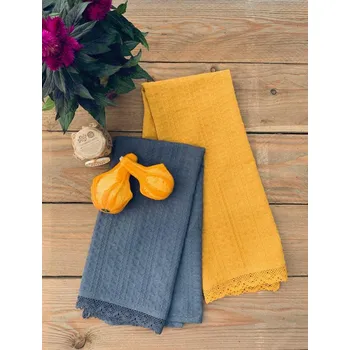 Utěrka Sleep Well Vaflové utěrky s krajkou 50 x 70 cm okrová/šedá 2 ks