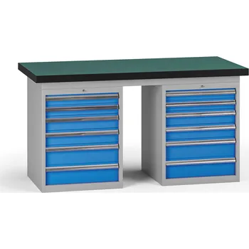 Dílenský stůl B2B Partner Pracovní stůl do dílny G8, 1500 x 750 x 800 mm, 2x kontejner, 12 zásuvek, modrá