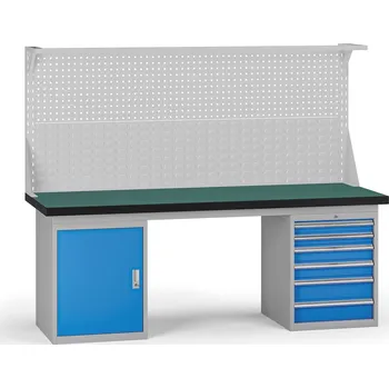 Dílenský stůl B2B Partner Pracovní stůl do dílny G8 s nástavbou, 2100 x 750 x 800 mm, 1x skříňka, 1x kontejner, 6 zásuvek, modrá