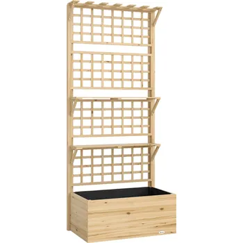 Vyvýšený záhon Vyvýšený záhon Outsunny s treláží a zavěšenou střechou, dřevěný květináč se 2 policemi a drenážními otvory, 76 x 43,5 x 177 cm