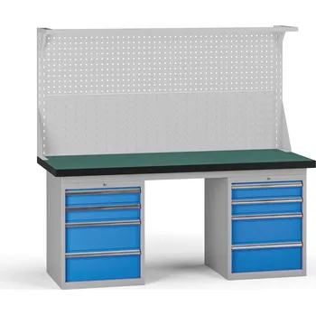 Dílenský stůl B2B Partner Pracovní stůl do dílny G8 s nástavbou, 1800 x 750 x 800 mm, 2x kontejner, 8 zásuvek, modrá